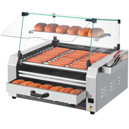 Appareil à hot-dogs VEVOR – Capacité de 30 hot-dogs, grille en acier inoxydable à 11 rouleaux avec chauffe-pains, 2400 W
