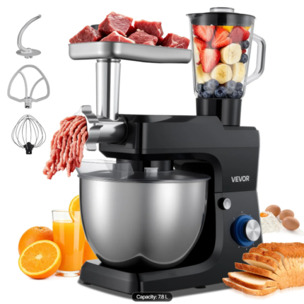 Robot pâtissier VEVOR – Robot de cuisine électrique 7,8 L, pétrin 1500 W avec 6 vitesses + 4 vitesses, tête inclinable et bol mélangeur (noir)