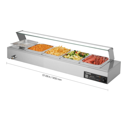 Bain-marie électrique professionnel VEVOR à 5 bacs, 1500 W, avec couvercle en verre.