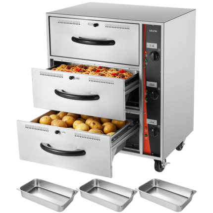 Chauffe-plats électrique commercial VEVOR – Armoire chauffante à 3 tiroirs en acier inoxydable