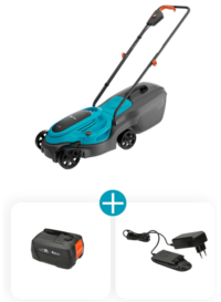 Cortacésped inalámbrico GARDENA EasyMax 32/18V P4A con batería de 4 Ah y cargador.