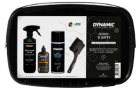 Dynamic Quick 'n Dirty Bio Bike Care Box comprenant un nettoyant vélo, un dégraissant transmission, un lubrifiant biodégradable et une brosse de nettoyage professionnelle.