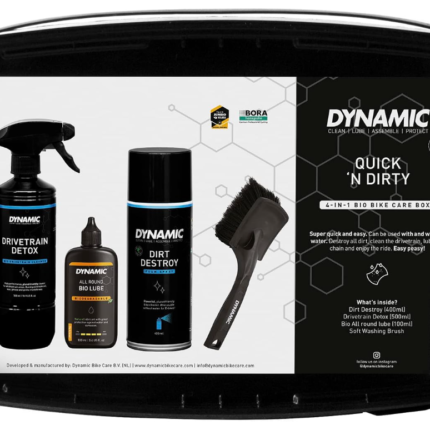 Dynamic Quick 'n Dirty Bio Bike Care Box comprenant un nettoyant vélo, un dégraissant transmission, un lubrifiant biodégradable et une brosse de nettoyage professionnelle.