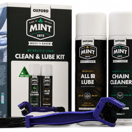 Kit d'entretien chaîne moto MINT by Oxford avec nettoyant, lubrifiant et brosse
