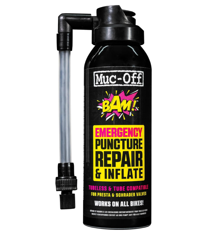Muc-Off B.A.M! 125 ml – Spray anti-crevaison vélo Muc-Off BAM! Spray selante de furos de 125 ml para pneus sem câmara e câmaras de ar, compatível com MTB, Gravel, Estrada e Ciclocross.